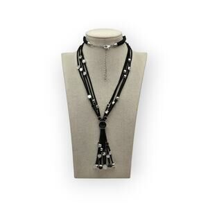 Black Multi Strand Cord Necklace Silver Beaded Tassel Drop Necklace